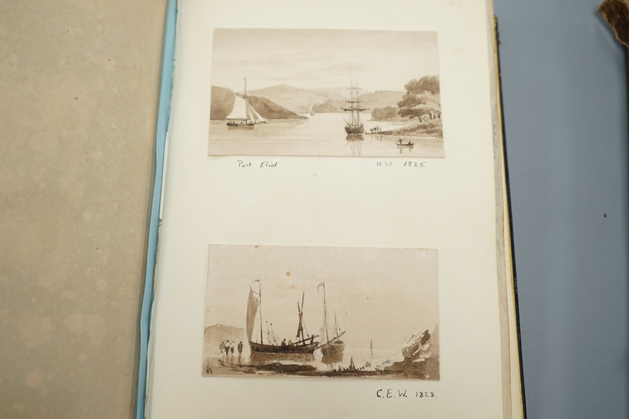 An album of 38 late 18th/early 19th century watercolour and pencil sketches by various hands, including two en grisaille, of Greek temples, by George Stanley Cary (1780-1822), others by Lady Mordaunt (1848-1906), John St